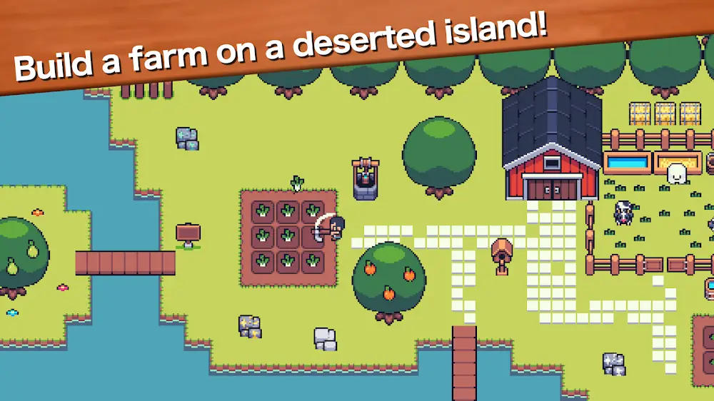 Fattoria in pixel art con campi e animali in Mini Mini Farm: cozy farming